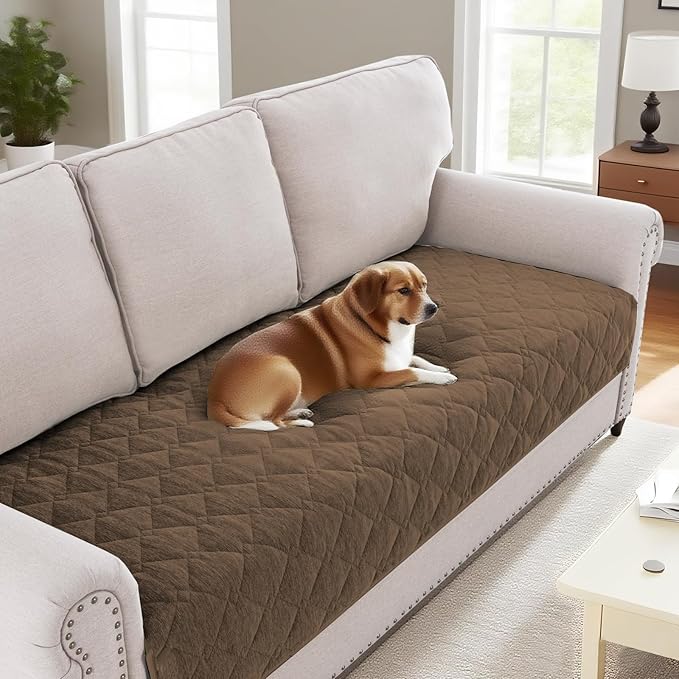 H.VERSAILTEX Couch Cover Chenille Pet Fuzzy Sofa Covers for 3 Cushion Couch Anti Slip Washable Sofa Slipcovers with Strap Soft Couch Protector Cover for Dogs Cats Kids(36" x 82", Coco Mocha)
