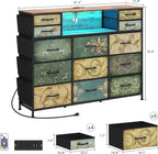 Tohomeor Retro Dresser with Charging Station & LED Light with Boho Fabric Drawers for Bedroom Chest of Drawers TV Stand with Power Outlet Open Shelf Storage (13 Drawers)