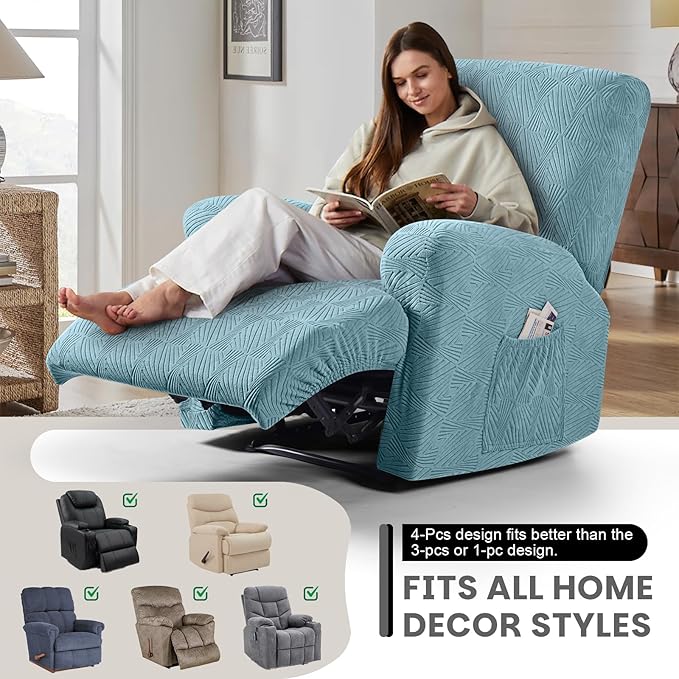VANSOFY Oversized Recliner Chair Covers, 4-Pieces Stretch Recliner Cover Jacquard Soft Reclining Chair Slipcover Furniture Protector with Elastic Bottom for Lazy Boy Recliner(Light Blue)