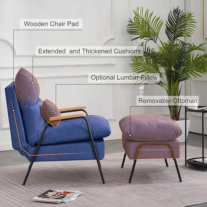 MCombo Accent Recliner Chair with Ottoman, Modern Fabric Armchair, Upholstered Sofa Bed for Living Room Bedroom, Small Space 4055 (Black Frame, Blue)