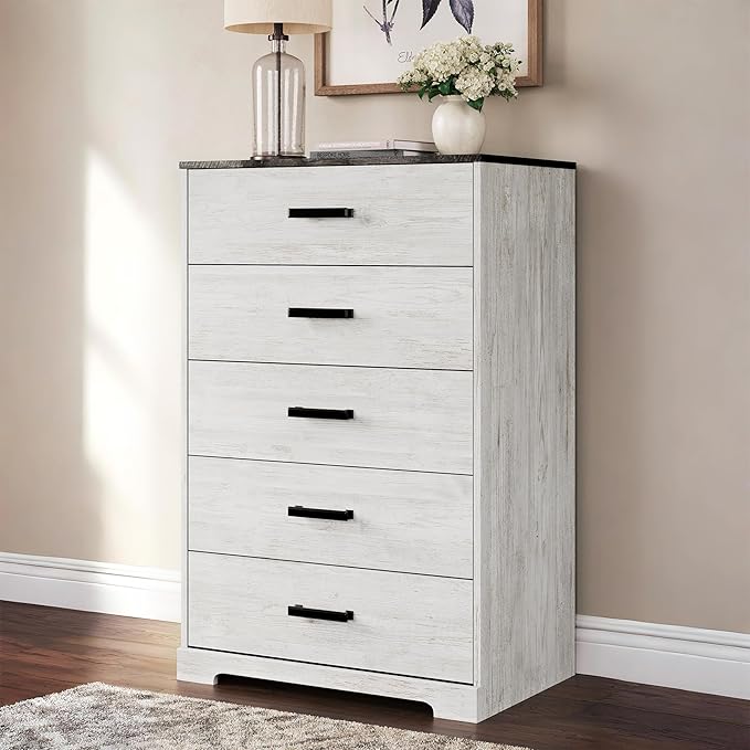 Signature Design by Ashley Shawburn Rustic 5 Drawer Chest of Smooth-Gliding Drawers and Safety Stop, White & Gray