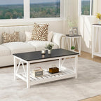 Farmhouse Coffee Table, Black and White Coffee Table for Living Room, 2-Tier Rectangular Wooden Centre Cocktail Table with Slats Shelf Storage and V-Shaped Frame Modern Coffee Tables Oak Black