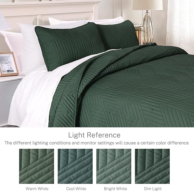 Exclusivo Mezcla Ultrasonic Full Queen Quilt Bedding Set, Lightweight Green Bedspreads Soft Modern Geometric Coverlet Set for All Seasons (1 Quilt and 2 Pillow Shams)