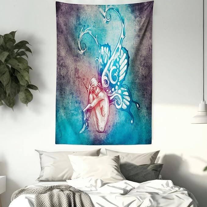 Ambesonne Butterfly Tapestry, with Butterfly Wings Renewal Female Rebirth Psyche Lightness of Being, Wall Hanging for Bedroom Living Room Dorm Decor, 60" X 80", Blue Purple