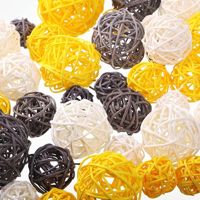 Patelai 72 Pcs Wicker Rattan Balls Decorative Balls for Vase Centerpiece Bowls Orbs Filler for Spring Summer Craft Home Decor, 4 Sizes(Yellow, Gray, White)