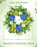 Vlorart 24” Spring Summer Wreaths for Front Door,Porch,Window-Large Artificial Hydrangea & Lemon Outdoor Wreath for Home,Farmhouse,Wedding Decor-Outside All Seasons