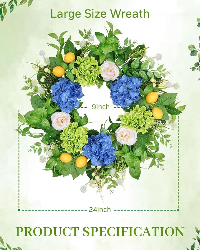 Vlorart 24” Spring Summer Wreaths for Front Door,Porch,Window-Large Artificial Hydrangea & Lemon Outdoor Wreath for Home,Farmhouse,Wedding Decor-Outside All Seasons