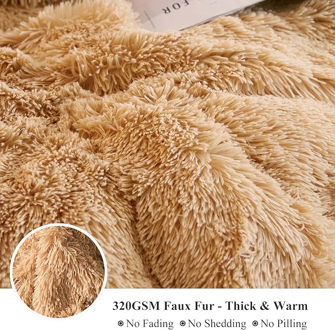 XeGe Plush Shaggy Duvet Cover Set, Luxury Ultra Soft Crystal Velvet Fluffy Bedding Sets 2 Pieces(1 Faux Fur Furry Comforter Cover + 1 Fuzzy Faux Fur Pillowcase), Zipper Closure(Twin, Camel)