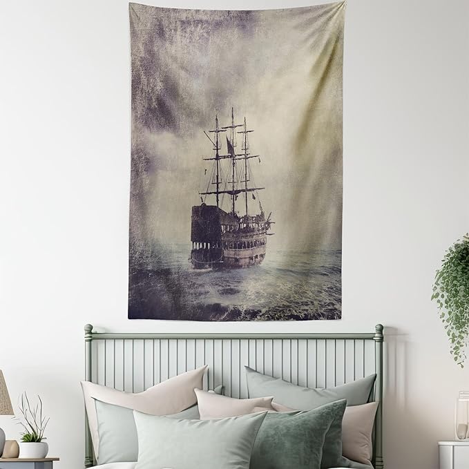 Ambesonne Nautical Tapestry Twin Size, Old Pirate Ship in the Sea Historical Cruise Retro Voyage Grunge Style Art, Wall Hanging Bedspread Bed Cover Wall Decor, 68" X 88", Tan Plum