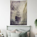 Ambesonne Nautical Tapestry, Old Pirate Ship in the Sea Historical Cruise Retro Voyage Grunge Style Art, Fabric Wall Hanging Decor for Bedroom Living Room Dorm, 30" X 45", Tan Plum