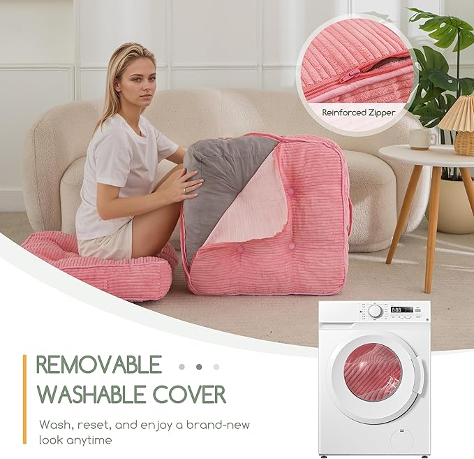 Washable Floor Pillow Cushion for Adults, Meditation Cushion Pillow, Large Square Floor Sitting, Removable Tufted Corduroy Cover, for Tatami Living Room or Yoga, 22x22 Inch, 2Pack, Machine Washable