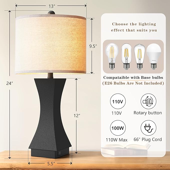 24.5" Modern Table Lamp Set of 2, 3-Way Dimmable Bedside Lamps with USB C & A Charging, Farmhouse Resin Nightstand Lamps with Beige Linen Shade for Bedroom, Living Room, Home Office (Black)