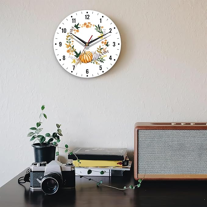 SPUNKER Thanksgiving Day Wall Clock,Autumn Pumpkin Kitchen Wall Clock,Maple Leaves Flower Clocks 10 Inch Silent Non-Ticking Wall Battery Operated for Living Room Bedroom Bathroom Laundry Room Decor