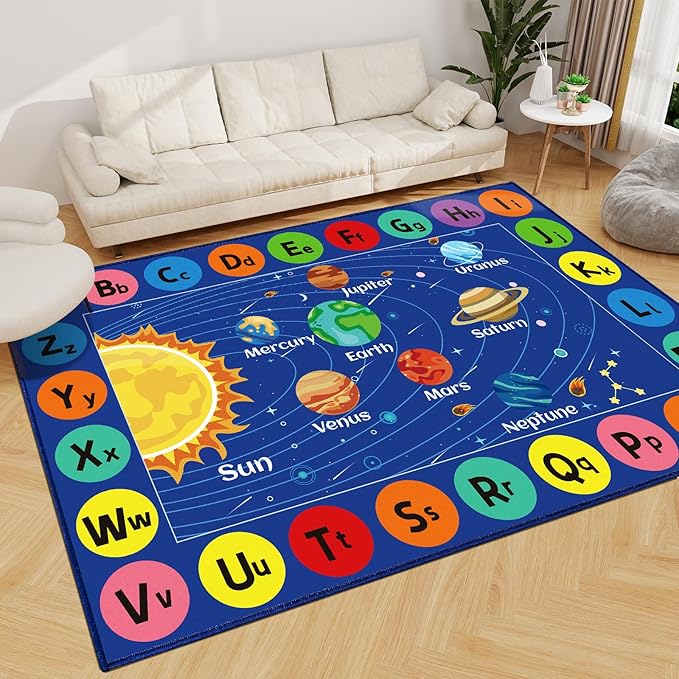 Outer Space Rug for Kids Room, ABC Educational Learning Kids Carpet, Non-Slip Solar System Road Play Play Rug for Kids Bedrooms, Classroom, Nursery Room Decor (Blue, 59X39.4 INCH)