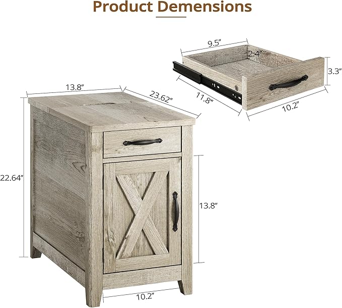 IRONCK End Table with Charging Station, Narrow Side Table for Living Room, Farmhouse Night Stand for Bedroom, Bedside Table with Storage and Drawer for Home, Beige Maple