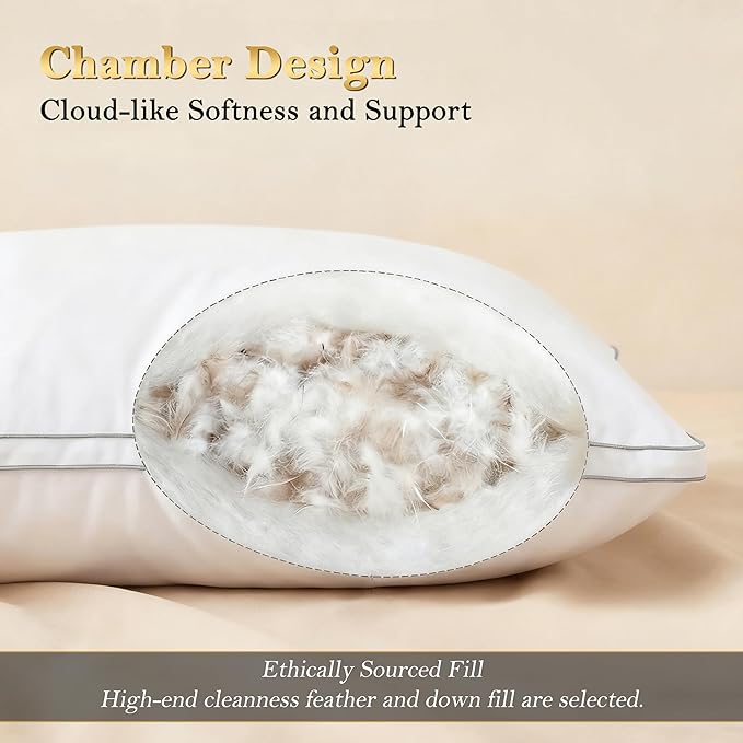 Feather Pillows Standard Size Set of 2 Goose Down Pillows with 100% Breathable Cotton Cover, Hotel Collection Bed Pillows for Sleeping, Soft Support for Back, Stomach and Side Sleepers