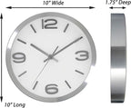 Bernhard Products Modern Wall Clock 10 Inch Silver Silent Non Ticking Battery Operated Round Elegant Metal Quality Quartz for Kitchen Home Office Clock with 3D Numbers, Easy to Read