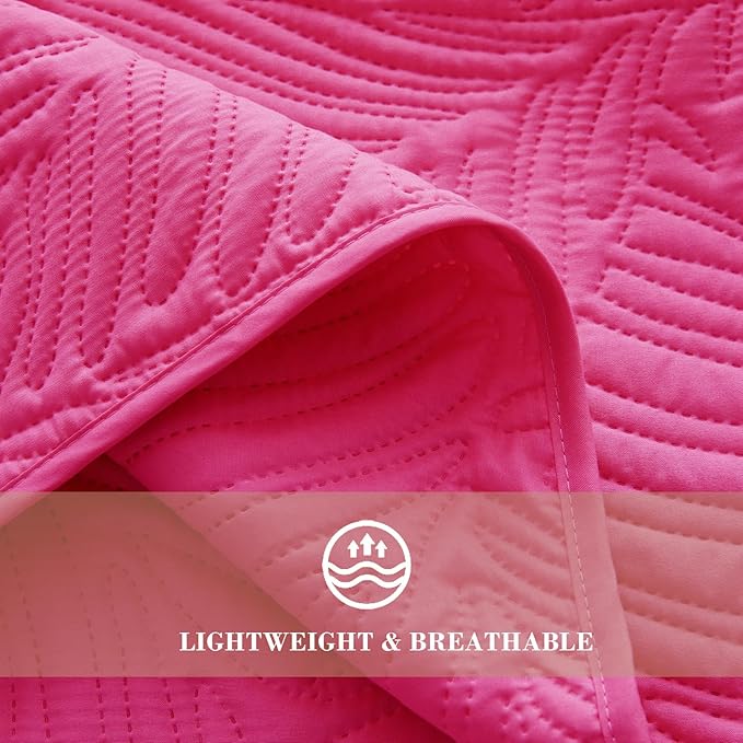 Exclusivo Mezcla King Size Quilt Bedding Set, Lightweight Hot Pink Quilts King Size for All Seasons, Soft Microfiber Bedspreads Coverlets Bed Cover with Leaf Pattern, 3 Piece