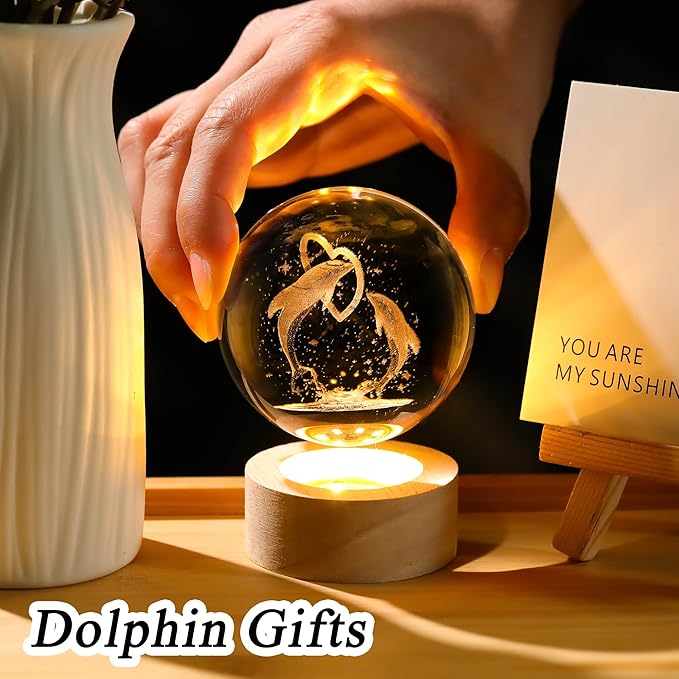 Dolphin Gifts for Women Men 3D Dolphins Crystal Ball with Wooden Light Base Glass Dolphin Statue Lamp Decor for Women Lovers for Christmas Valentines Birthday (Diameter 2.36 inches)
