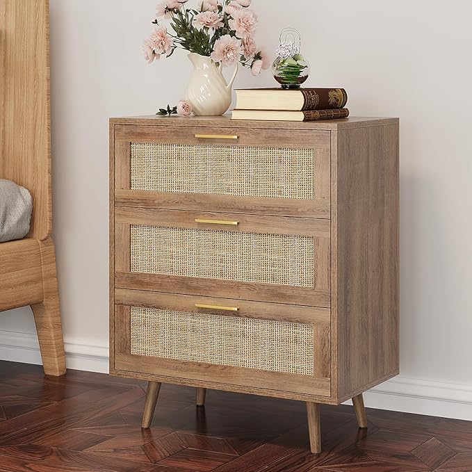 3 Drawer Dresser for Bedroom Rattan Dresser Chest of Drawers with Spacious Storage Boho Clothes Storage Nightstand for Living Room