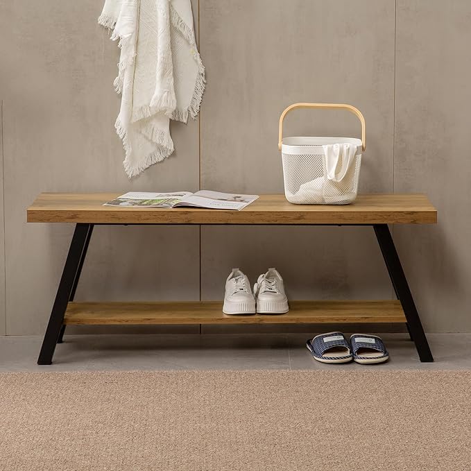 Entryway Bench, Farmhouse Indoor Entry Way Shoe Benches Seat, Industrial Metal Shoe Storage Bench Organizer for Living Room, Bedroom, Hallway (Rustic Oak)