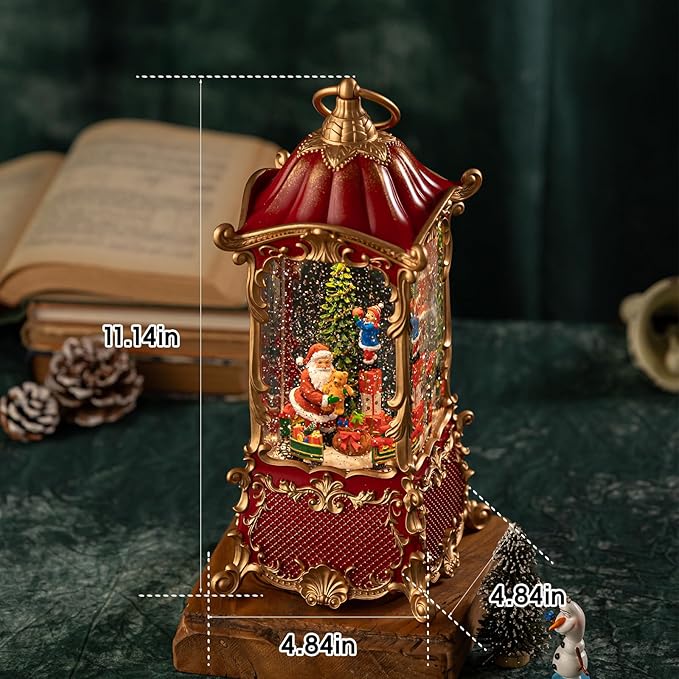 Christmas Snow Globe Lantern with Santa Claus – Vintage 8 Songs Musical Box, Automatic Snowfall, Led Light, USB or Battery Powered,for Christmas Festival Home Fall Decoration Gifts, Red