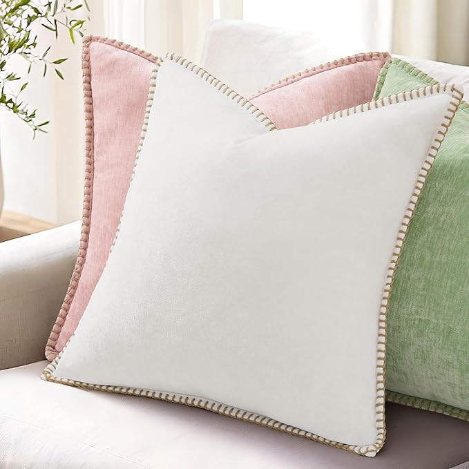 decorUhome Spring Chenille Soft Cozy Throw Pillow Covers 26x26 Set of 2, Modern Farmhouse Boho Velvet Decorative Euro Sham Pillow Cases with Stitched Edge for Couch Sofa Bed Home Decor, Sage Green