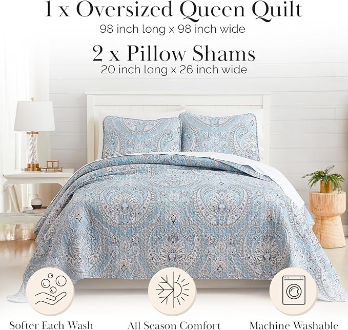 Southshore Fine Living, Inc. Full/Queen Quilt Bedding Set, Paisley Full Size Summer Bedspread, Boho Bedding Set for Full Size Mattress, Queen Size Quilt Coverlet & Matching Shams, Pure Melody Aqua