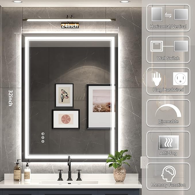 24x32 Inch Led Mirror for Bathroom with Front Light and Backlit, Bathroom Mirror with Led Lights, Vanity Mirror with Lights for Wall, Anti-Fog, Dimmable, Memory Function, Tempered Glass