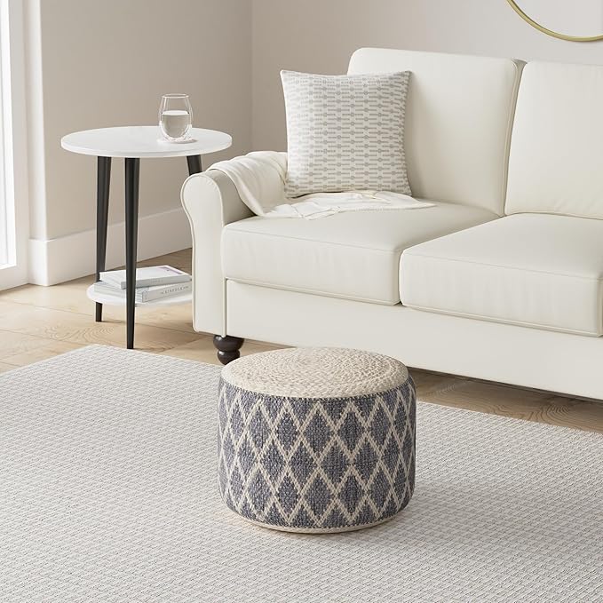SIMPLIHOME Edgeley Round Pouf - 18 inch Wide Handwoven Jute and Cotton Ottoman in Grey and Natural, Boho-Style Footstool or Extra Seating for Living Room, Bedroom, or Kids Room, Assembled