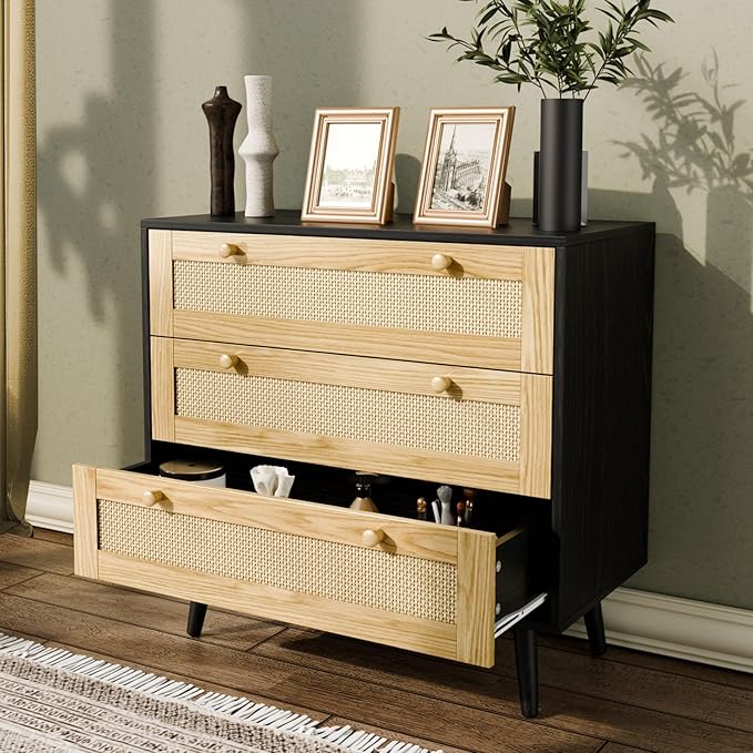 3 Drawer Storage Rattan Dresser, Boho Dresser Chest for Bedroom Hallway Living Room, Black