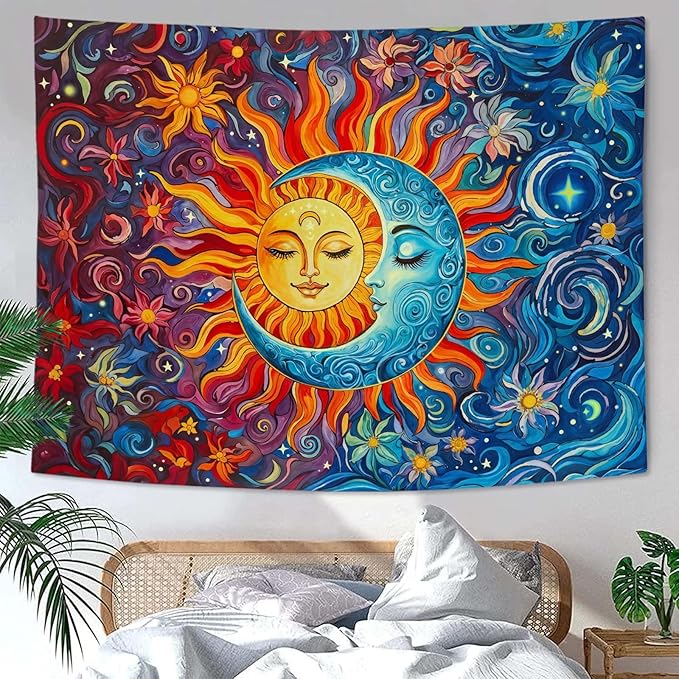 Sun and Moon Tapestry Boho Hippie Orange Red Blue Floral Tapestry for Bedroom Aesthetic Abstract Plant Flowers Stars Small Tapestries Wall Hanging for Living Room Dorm 48 x 36 Inch