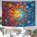 Sun and Moon Tapestry Boho Hippie Orange Red Blue Floral Tapestry for Bedroom Aesthetic Abstract Plant Flowers Stars Small Tapestries Wall Hanging for Living Room Dorm 60 x 44 Inch