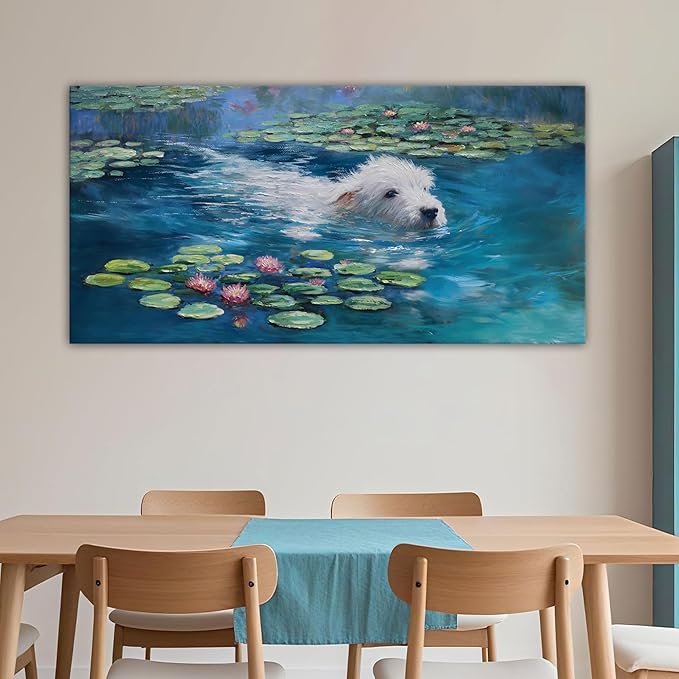 Dog Monet Wall Art with - Large Canvas Wall Art for Bedroom - Framed Landscape Pictures Decor - Classic Vintage Artwork for Living Room, Bedroom, or Office Paintings Wall Decor 24×48IN