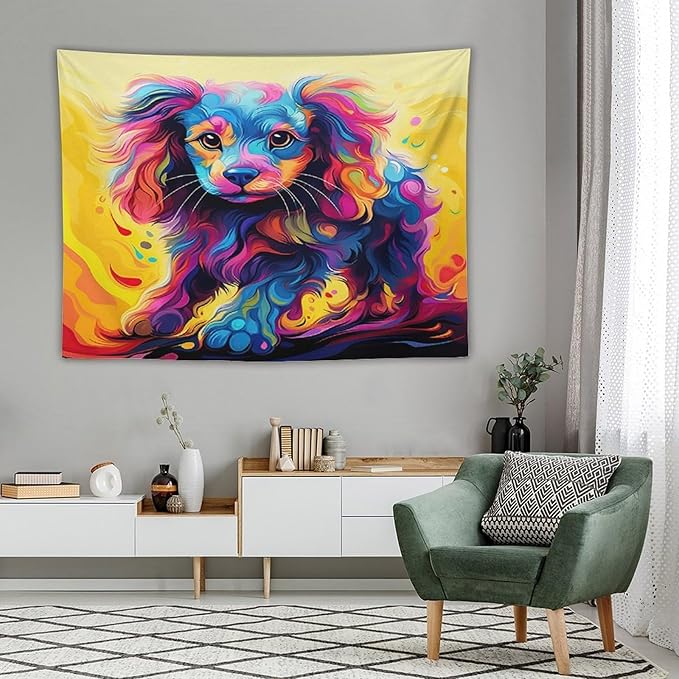VUMIVI Colorful Cute Dog Tapestry Rainbow-Hued Oil Painting Pet-Themed Abstract Art Print Tapestry Wall Hanging for Living Room Bedroom Dorm Classroom Aesthetic Decor W80xL60in