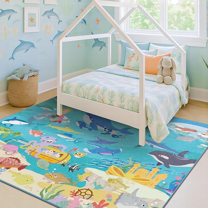 Large Blue Ocean Rug for Classroom – Washable 9x12 Kids Rug with Mermaid & Fish, Foldable, Lightweight Non Slip Fun Learning Soft Carpet for Classroom Elementory or Playroom