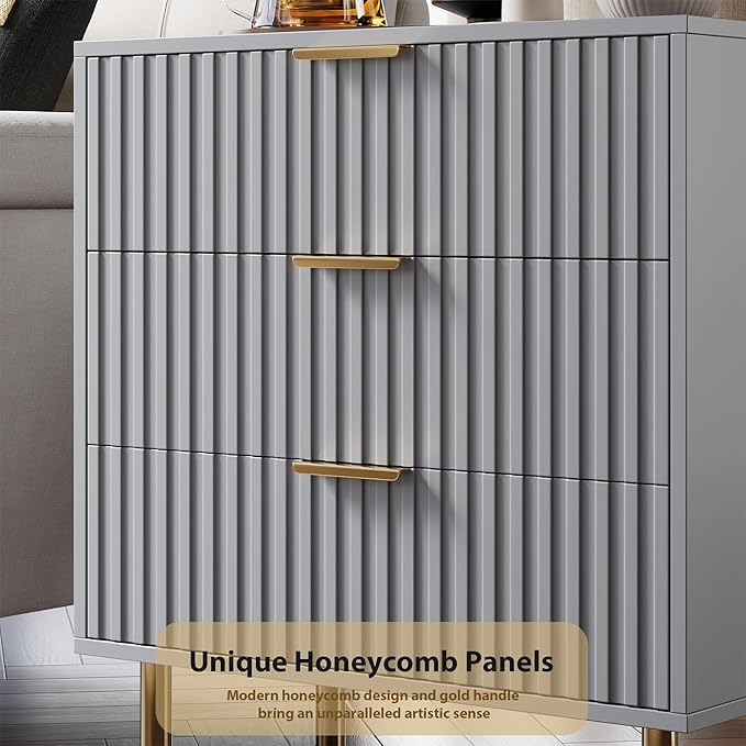 GarveeHome 3 Drawer Dresser for Bedroom, Fluted Modern Nightstand with Deep Drawers, Chest of Drawers with Wide Top, Wooden Dresser Organizer, Side Table for Living Room, Hallway, Kids Room, Grey