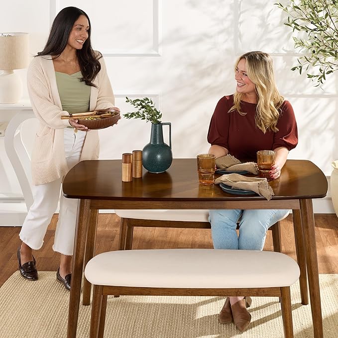 Best Choice Products 3-Piece Mid-Century Modern Wood Dining Kitchen Table & Chair Set w/ 2 Upholstered Bench Seats - Walnut/Cream