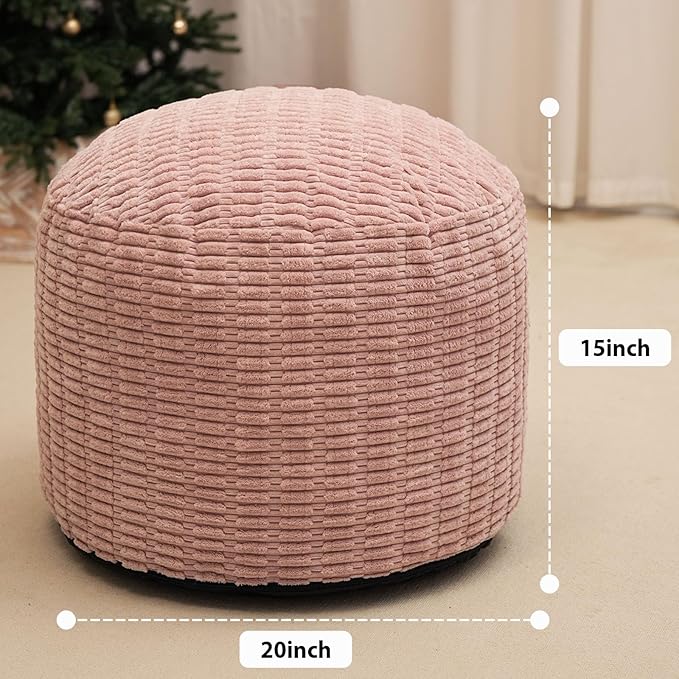 Round Stuffed Pouf Ottoman for Foot Rest, Storage Ottoman Pouf Foot Stool Cushion, Faux Fur Poufs with Foam Chunk Filling, 20 X 15 Inch Floor Chair for Living Room Bedroom Home Decor, Pink