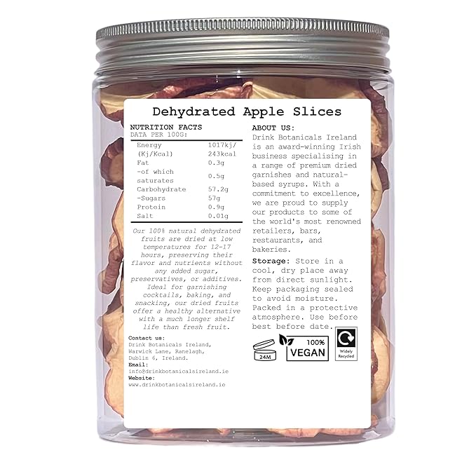 Drink Botanicals Ireland | Dehydrated Dried Apple Slices | 40 + Slices | 100% Natural | Non GMO, Vegan | Apples for Garnishing Cocktails, Baking, Sauces, Cakes, Decoration | 135 Grams, 4.76 Oz | Jar