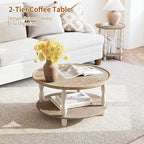 karlott Round Coffee Table, 30.3" Coffee Tables for Living Room, Solid Wood Veneer 2-Tier Center Table with Storage Shelf, Pine Leg, Boho Rustic Farmhouse Coffee Table for Living Room, Easy Assembly