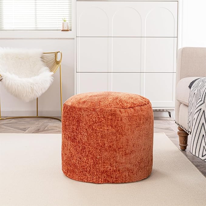Round Boucle Pouf Ottoman Modern Foam Filled Foot Rest Multifunctional Foot Rest Coffee Table Floor Pouf Seat for Living Room Bedroom Orange