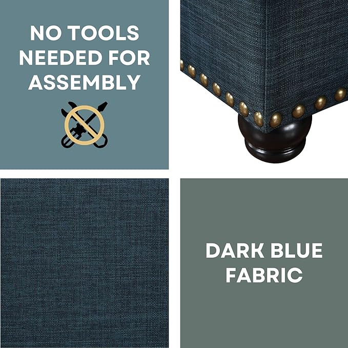 Convenience Concepts Designs4Comfort 5th Avenue Upholstered Storage Ottoman 24" - Contemporary Foot Stool and Seat with Hinged Lid for Living Room, Dining Room, Office, Den, Dark Blue Fabric