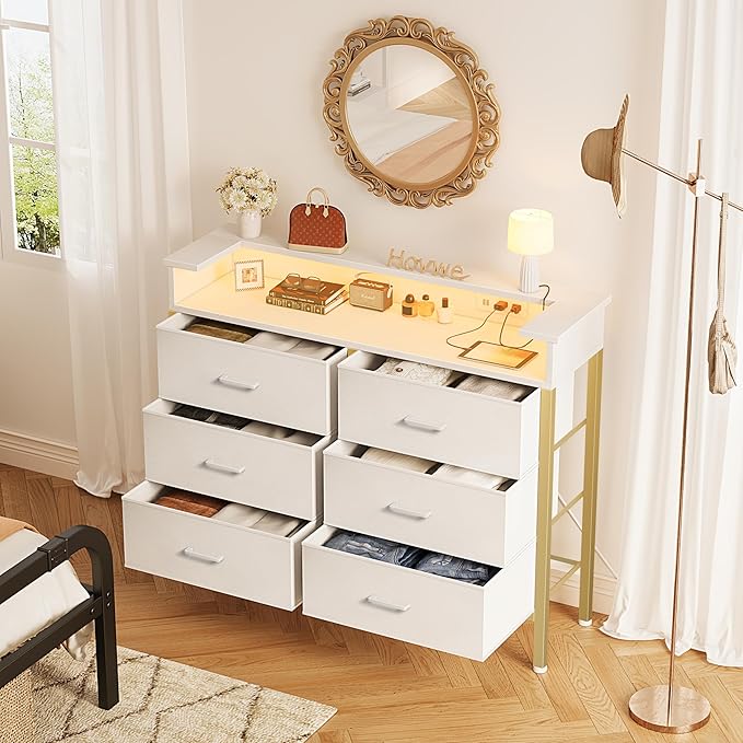 BOLUO Girls Dresser with LED Light and Charging Station for Bedroom 6 Fabric Drawer Dresser with USB Outlet Modern Gold