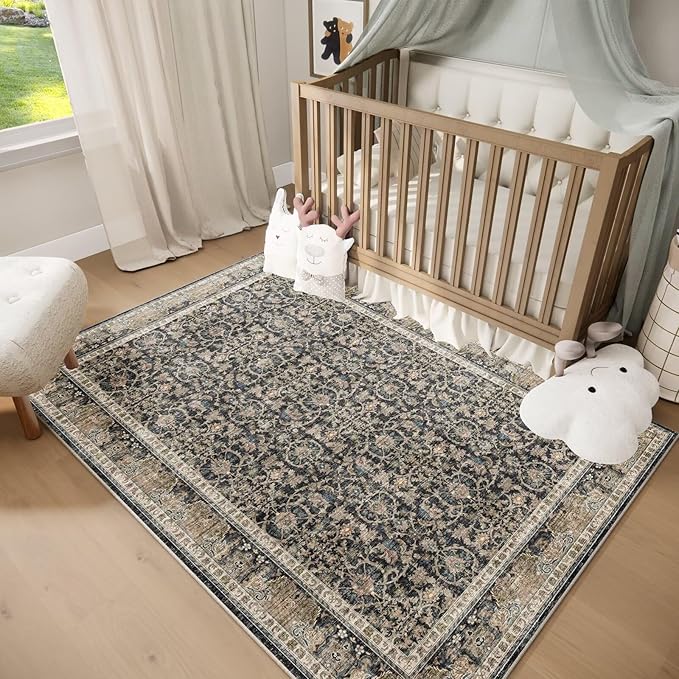Washable 2x3 Entryway Rug, Boho Non-Slip Door Mat Vintage Distress Small Rugs for Kitchen Nursery Office Bedroom, 0.3" Neutral Oriental Throw Carpet with Cushioning Pad, Tan/Flaxen/Multi
