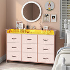 EXOTICA Pink Dresser with LED Light for Girls Bedroom 9 Drawer Dressers with Charging Station Chests of Drawers for Living Room Entryway Closet Hallway Sturdy Steel Frame Wooden Top Easy Pull Handle
