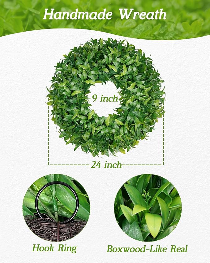 Vlorart 24 Inch Large Greenery Wreath for Front Door, Artificial Green Leaves Spring Summer Door Wreaths, Boxwood Wreath for Indoor Outdoor Farmhouse Home Wall Window Wedding Decor All Season
