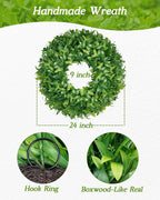 Vlorart 24 Inch Large Greenery Wreath for Front Door, Artificial Green Leaves Spring Summer Door Wreaths, Boxwood Wreath for Indoor Outdoor Farmhouse Home Wall Window Wedding Decor All Season