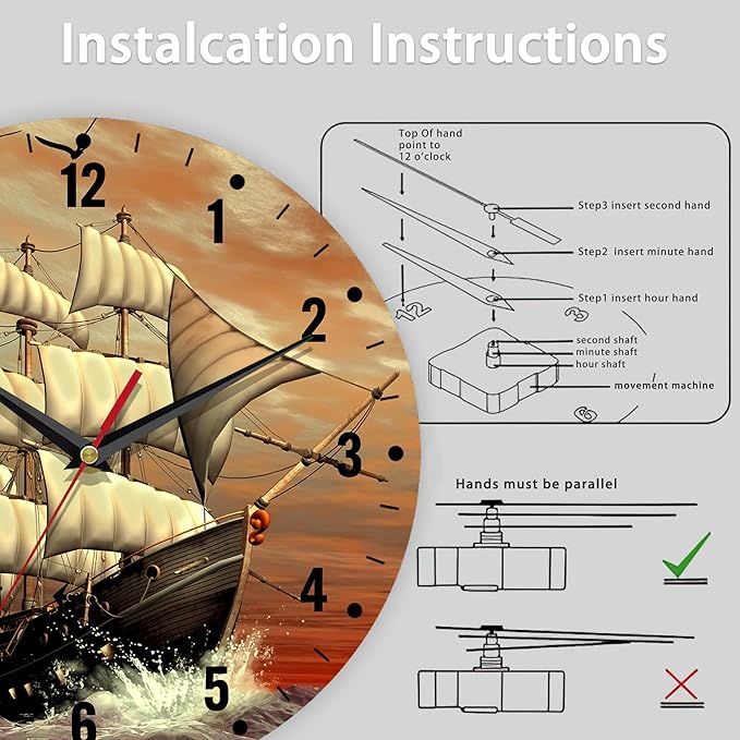 SPUNKER Clock for Bedroom,Vintage Ship Sailing Wall Clocks for Living Room Decor,Sea Ocean Kitchen Clocks Wall Battery Operated - 10 Inch Round Bathroom Wall Clock Silent Non-Ticking