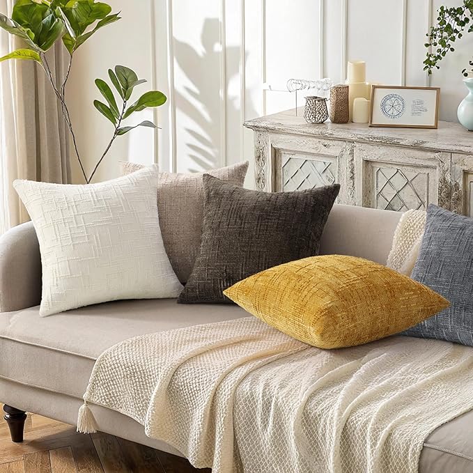 decorUhome Spring Mustard Yellow Chenille Throw Pillow Covers 20x20 Set of 2 Textured Soft Cozy Slubby Couch Pillow Covers Modern Farmhouse Boho Decorative Pillow Cases for Bed Sofa Living Room